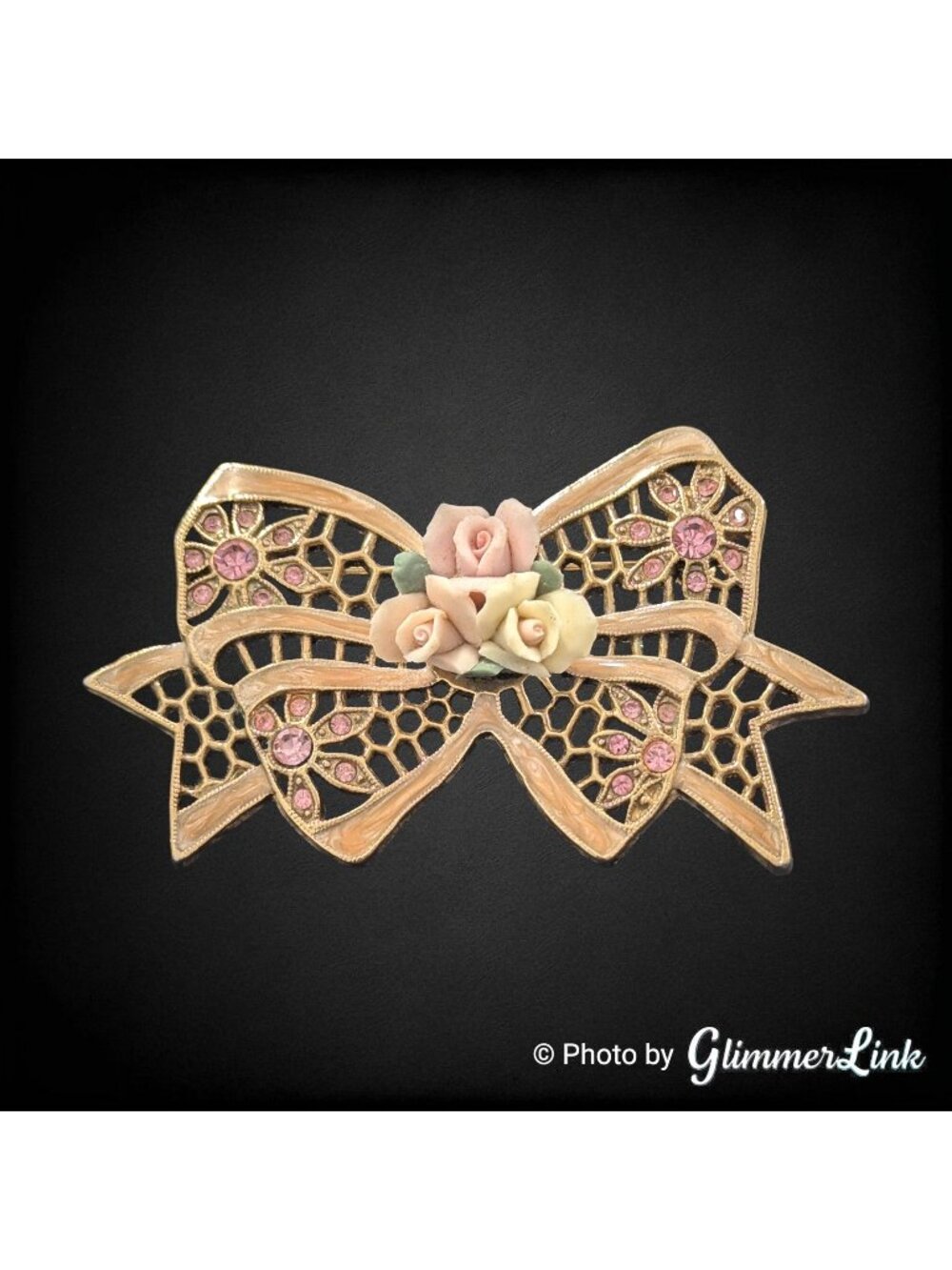 Vintage 1928 Jewelry Bow Brooch Pink Rhinestone Rose Floral Pin